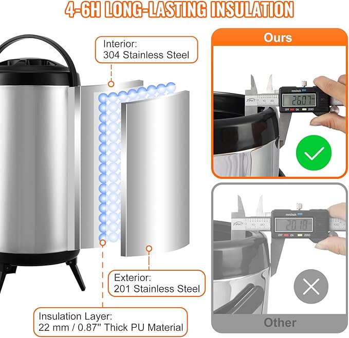 VEVOR Stainless Steel Insulated Beverage Dispenser, 2.4 Gallon 9.2 Liter, Thermal Hot and Cold Drink Server Dispenser with Spigot Handle, Food-grade for Hot Tea Coffee Water Restaurant Drink Shop - Image 3