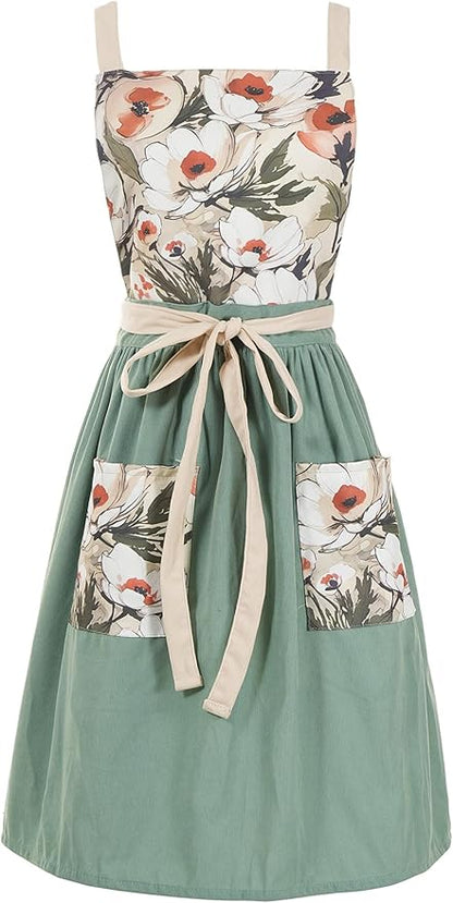 Pinknoke Vintage Pinafore Apron Dress for Women with Pockets Cute Floral Chef Aprons for Kitchen Cooking Baking Gardening by Pinknoke