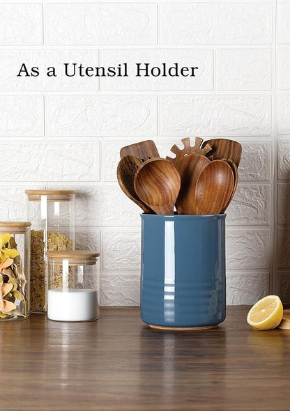 ABRUTY Utensil Holder, 6.7" Ceramic Kitchen Utensil Crock for Countertop Cooking, Modern Utensil Caddy Jar Organizer for Farmhouse Kitchen Counter Décor, Blue - Image 3
