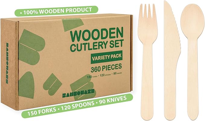 Wooden Cutlery Variety Pack 360pcs (150 Forks, 120 Spoons, 90 Knives) | 100% Natural Birch Wood Disposable Utensils | Biodegradable, Smooth & Sturdy for Parties, Picnics & Everyday Use by Bamboware