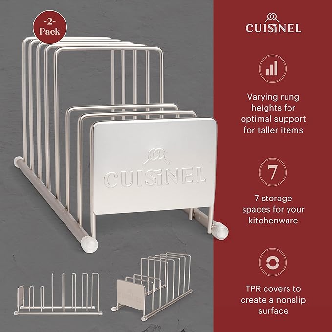 Cuisinel Lid and Dish Organizer Rack - 2-Pack Satin Nickel Kitchen Storage Organization Stand - Plate Holder, Pan/Pot Covers, Cutting Board and Cookie Sheet Divider - 7-Tier Cabinet/Counter Display - Image 2
