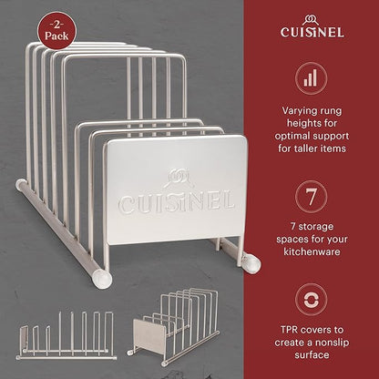 Cuisinel Lid and Dish Organizer Rack - 2-Pack Satin Nickel Kitchen Storage Organization Stand - Plate Holder, Pan/Pot Covers, Cutting Board and Cookie Sheet Divider - 7-Tier Cabinet/Counter Display - Image 2