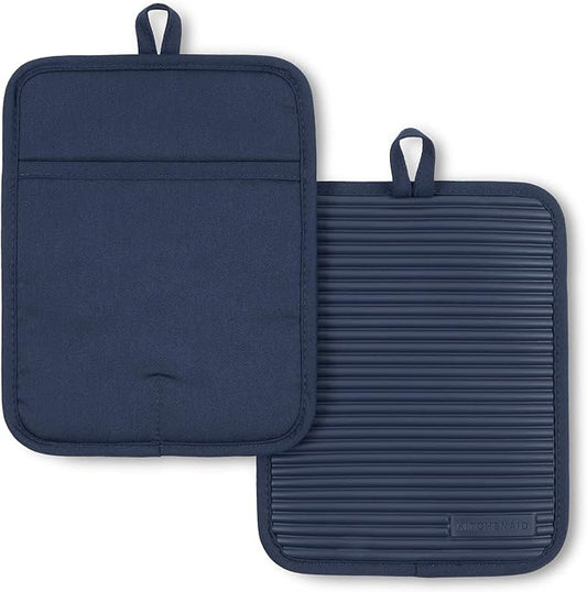 KitchenAid Ribbed Soft Silicone Pot Holder 2-Pack Set, Ink Blue, 7"x9" by KitchenAid