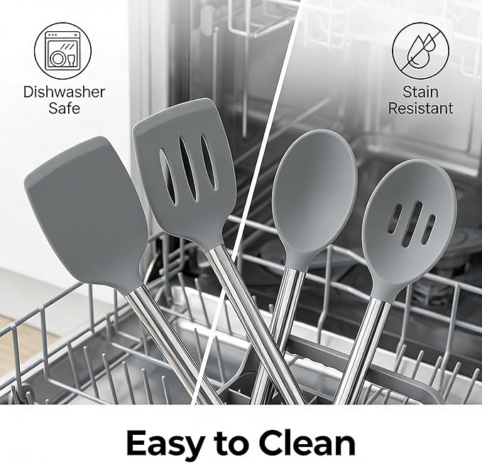 Vayvnt 4 PCS Cooking Utensils Set, Silicone Kitchen Spatula Set for Cooking, Non Toxic Silicone Kitchen Utensils with Stainless Steel Handle, Spoon and Turner, Heat Resistant&Dishwasher Safe, Gray