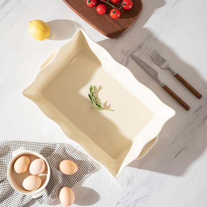 Sweejar Casserole Dishes for Oven, Ceramic 9x13 Baking Dish, Wave Edge Bakeware with Handles, Large Rectangular Lasagna Pan Deep for Roasting, Baking, Cooking, Banquet and Daily Use (Beige) - Image 3