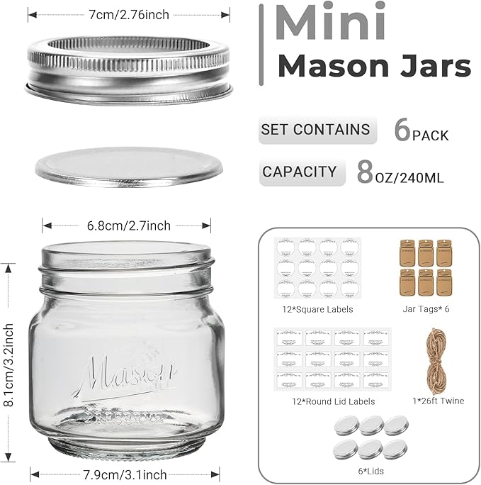 Eathtek 8 oz Glass Mason Jars with Regular Lids, 6 Pack 240 ml Canning Jars With Labels, Tags & Twine for Jam Jelly Spice Honey Herbs, Shower Favors Food Storage Wedding & Party Decor