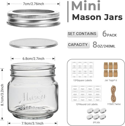 Eathtek 8 oz Glass Mason Jars with Regular Lids, 6 Pack 240 ml Canning Jars With Labels, Tags & Twine for Jam Jelly Spice Honey Herbs, Shower Favors Food Storage Wedding & Party Decor