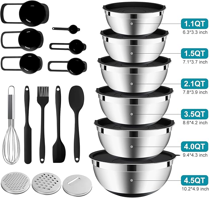 20-Piece Mixing Bowls Set with Airtight Lids – 6 Stainless Steel Kitchen Bowls (4.5QT, 4QT, 3.5QT, 2.1QT, 1.5QT, 1.1QT), 3 Grater Attachments, Non-Slip Silicone Bottoms, Perfect for Baking & Serving - Image 2