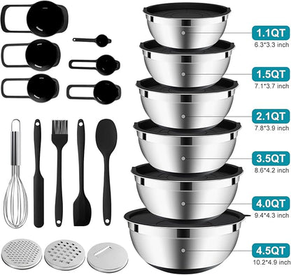 20-Piece Mixing Bowls Set with Airtight Lids – 6 Stainless Steel Kitchen Bowls (4.5QT, 4QT, 3.5QT, 2.1QT, 1.5QT, 1.1QT), 3 Grater Attachments, Non-Slip Silicone Bottoms, Perfect for Baking & Serving - Image 2