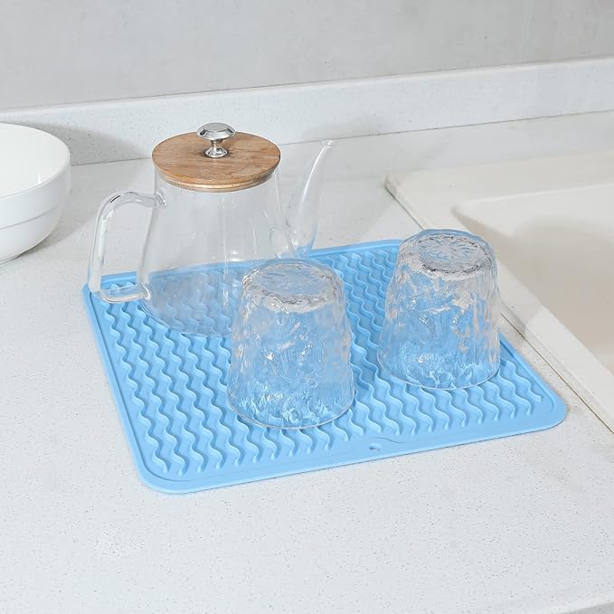 MicoYang Silicone Dish Drying Mat for Multiple Usage,Easy clean,Eco-friendly,Heat-resistant Silicone Mat for Kitchen Counter or Sink,Refrigerator or Drawer liner Light Blue M 12 inches x 12 inches - Image 6