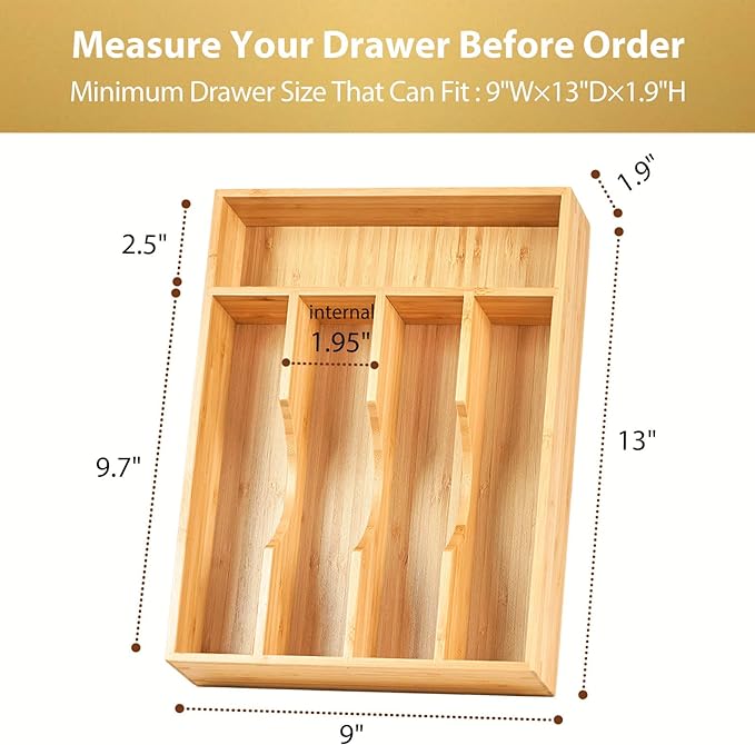 Umilife Bamboo Kitchen Drawer Organizer, 9 Inch Silverware Utensils Tray Holder for Small Drawer, Wood Caddy for Flatware Cutlery Knives - Image 6