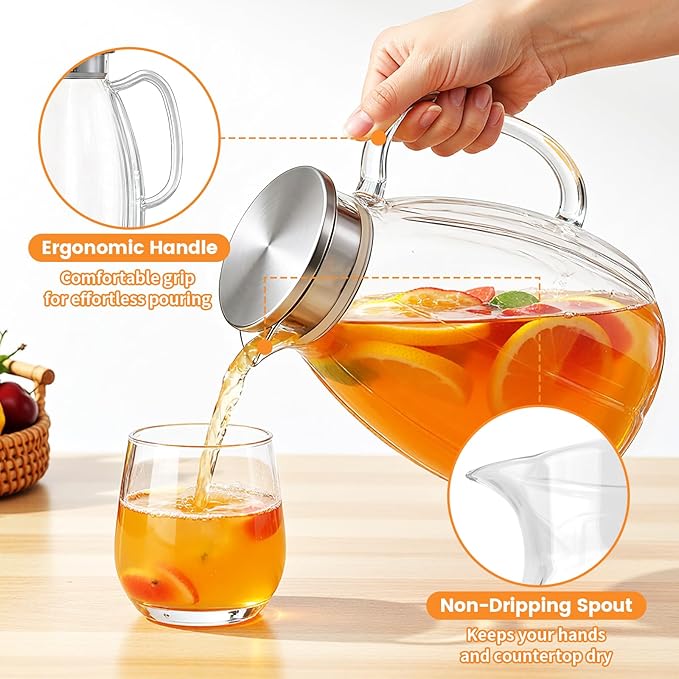 Glass Pitcher with Lid and Handle, 2.2L (74 oz) Borosilicate Glass Water Carafe, Stainless Steel Dual-Filter Lid, Heat Resistant for Hot/Cold Beverages – Iced Tea, Coffee, Juice, Cold Brew - Image 4