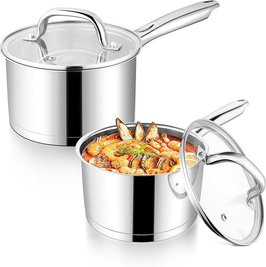 P&P CHEF 1 Quart & 2 Quart Saucepan with Lid Set, Stainless Steel Small Cooking Pot Induction Sauce Pan for Pasta Soup, Ergonomic Handle & Tri-ply Base, Dishwasher Safe, 2 Pan by PPCHEF