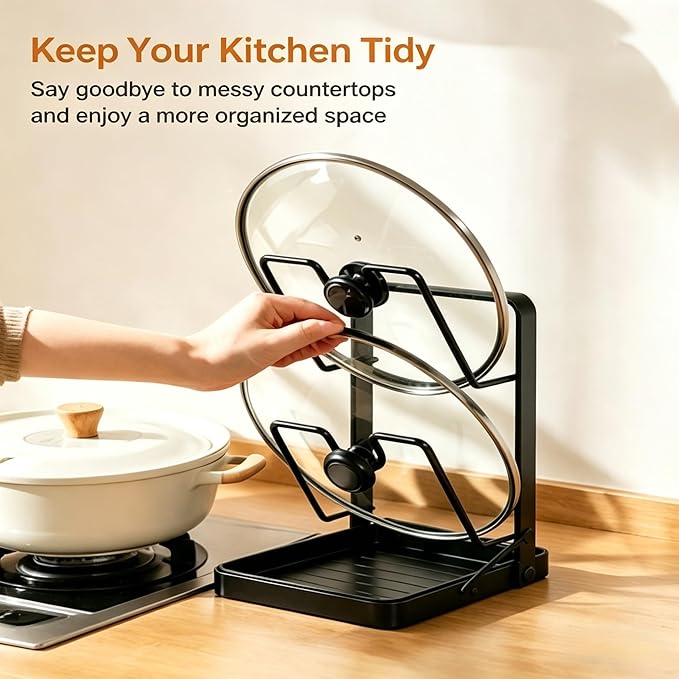 Pot Lids Organizer Rack for Cabinet and Countertop,304 Stainless Steel Kitchen Pot Lid Storage Rack,Pot Lid Holder while Cooking with Removable Tray & Spoon Rest,Waterproof & Rustproof