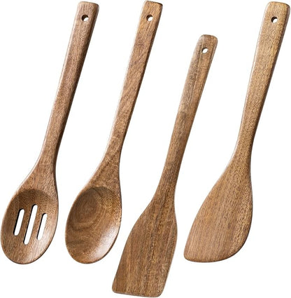 Wooden Spoons for Cooking, 4-Piece Wood Utensil Set Includes Slotted Spoon, Spoon & Wooden Spatula for Cooking – Acacia Wood Kitchen Utensil Set – 12 Inch Hardwearing Tools by HEFILD