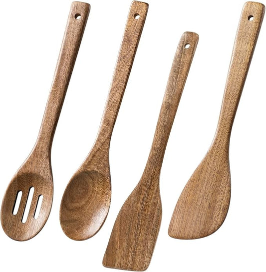 Wooden Spoons for Cooking, 4-Piece Wood Utensil Set Includes Slotted Spoon, Spoon & Wooden Spatula for Cooking – Acacia Wood Kitchen Utensil Set – 12 Inch Hardwearing Tools by HEFILD