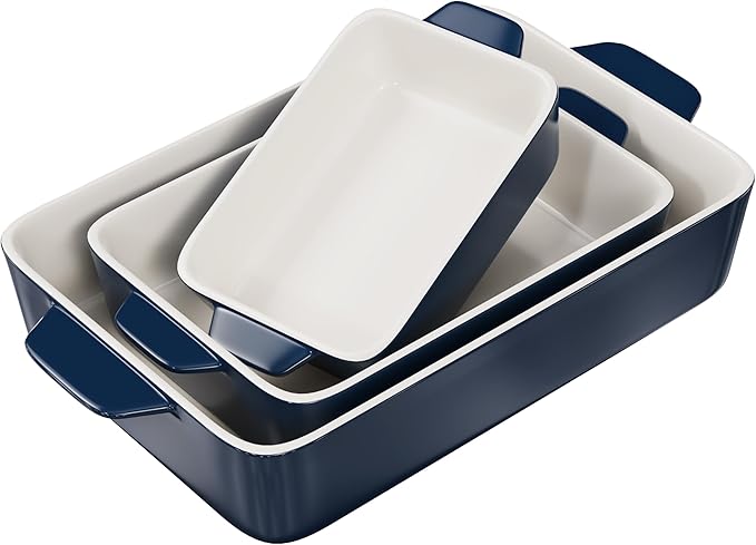 Kook Casserole Dish, Ceramic Baking Dish, Large Lasagna Pan Deep for Oven, 8.5 x 14, 11 x 7, 8 x 5, Set of 3, 92oz, 50oz, 20oz, Baking Pan with Handles, Oven Safe and Durable, Home, Gift, (Navy) by Kook