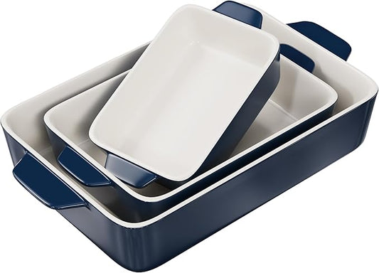 Kook Casserole Dish, Ceramic Baking Dish, Large Lasagna Pan Deep for Oven, 8.5 x 14, 11 x 7, 8 x 5, Set of 3, 92oz, 50oz, 20oz, Baking Pan with Handles, Oven Safe and Durable, Home, Gift, (Navy) by Kook