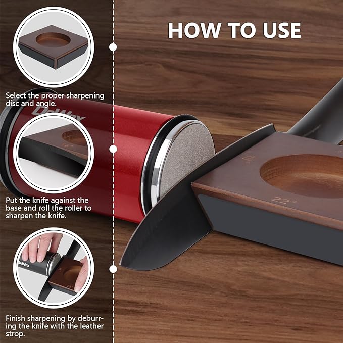 Knife Sharpener,Longer Rolling Knife Sharpener Kit,Diamond & Ceramic Knife Sharpening System with Leather Strop,4 Angle Guide, Replaceable Discs for All Kitchen Knives