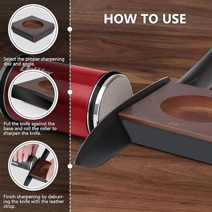Knife Sharpener,Longer Rolling Knife Sharpener Kit,Diamond & Ceramic Knife Sharpening System with Leather Strop,4 Angle Guide, Replaceable Discs for All Kitchen Knives