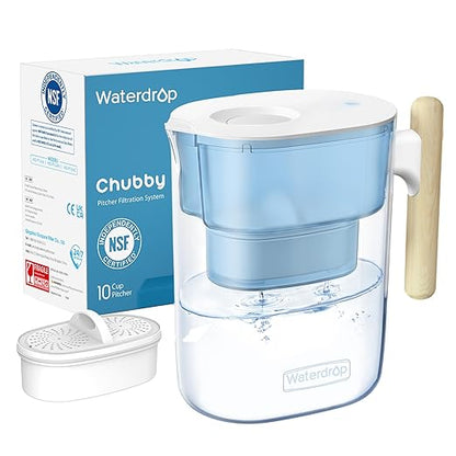 Waterdrop PT-04B Water Filter Pitcher, 10-Cup Capacity, NSF Certified, 200-Gallon Long-Life Filter, 5X Longer Filter Life, Reduces PFOA/PFOS and Chlorine, BPA-Free, Sturdy Wooden Handle, Blue