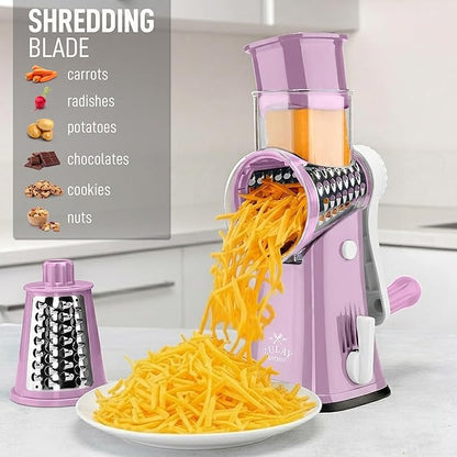 Zulay Kitchen Rotary Cheese Grater 5 Blade Cheese Shredder - Manual Hand Crank Cheese Grater With Reinforced Suction & 5 Interchangeable Drums - Easy to Use, Vegetable Chopper Round Mandoline Slicer - Image 3