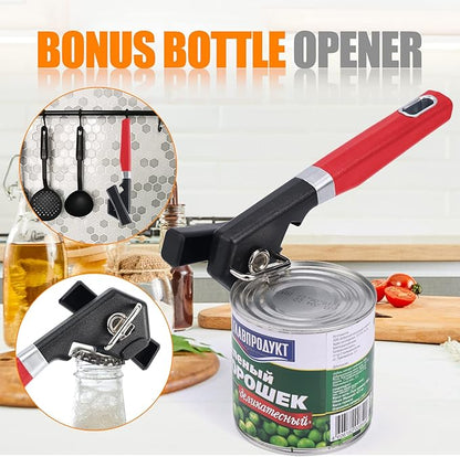 2 in 1 Safety Can Opener Manual Smooth Edge & Bottle Opener, No-Trouble-Lid-Lift Manual Can Opener with Magnet, Large Rubber Handle & Stainless Steel Blade, Side Cut Hand Can Opener for Kitchen (Red) - Image 5