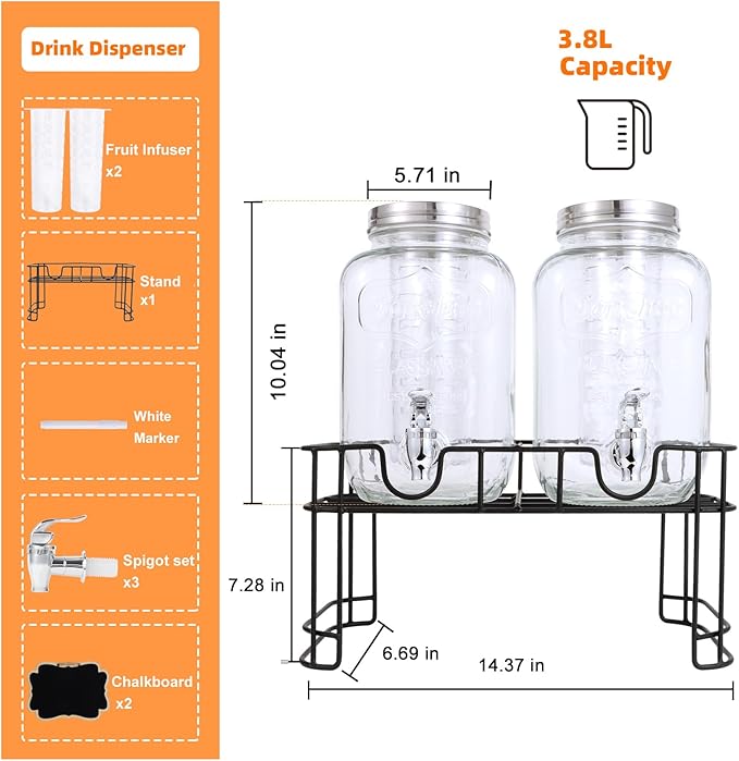 1 Gallon Glass Drink Dispensers For Parties-Set of 2,Drink Dispenser with Fruit Infuser & Stand,Juice or Beverage Dispenser for BBQ, Picnic, Party,Laundry Detergent Dispenser - Image 2