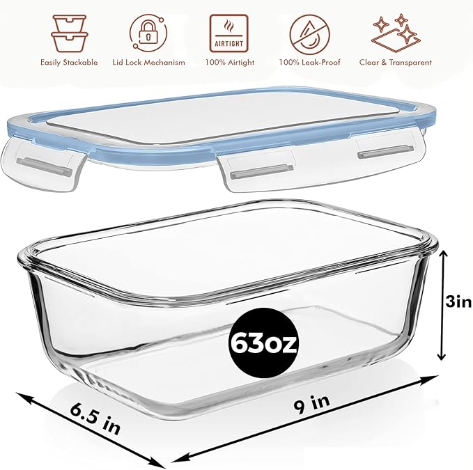 Razab 4 PC 1860ml / 63 Oz / 8 Cups Large Glass Food Storage Containers with Lids - Glass Meal Prep Containers for Roasting & Storing Leftover, Lunch Container with Lids, Microwave & Oven Safe - Image 3