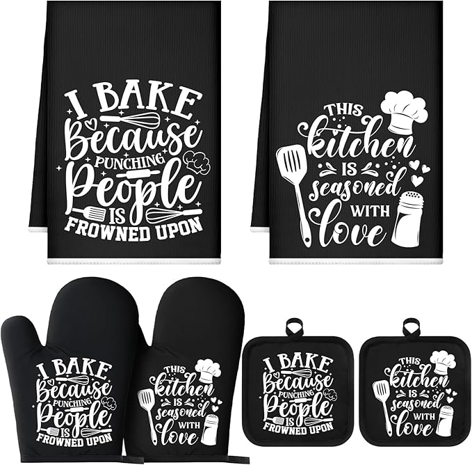 Sratte 6 Pcs Kitchen Decor Accessories Set Farmhouse Towels Pot Holders Oven Mitts Set 2 Dish Towels 2 Potholders 2 Cooking Mittens Oven Glove for Christmas Baking Cooking Supply(Black,Baking) by Sratte