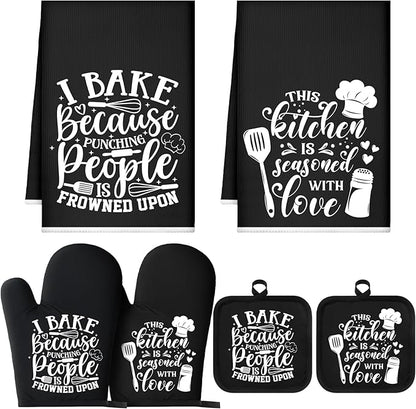 Sratte 6 Pcs Kitchen Decor Accessories Set Farmhouse Towels Pot Holders Oven Mitts Set 2 Dish Towels 2 Potholders 2 Cooking Mittens Oven Glove for Christmas Baking Cooking Supply(Black,Baking) by Sratte