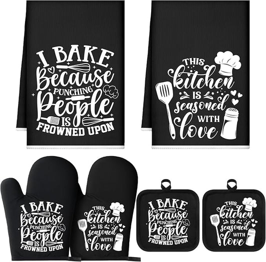 Sratte 6 Pcs Kitchen Decor Accessories Set Farmhouse Towels Pot Holders Oven Mitts Set 2 Dish Towels 2 Potholders 2 Cooking Mittens Oven Glove for Christmas Baking Cooking Supply(Black,Baking) by Sratte