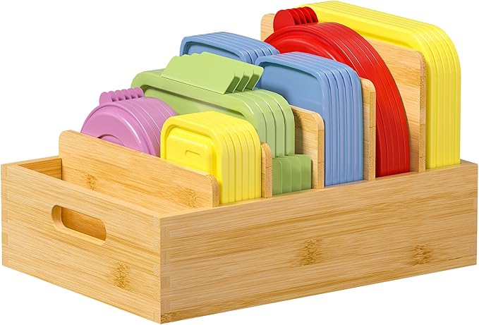 Kiasthome Bamboo Lid Organizers Inside Cabine, Kitchen Cabinet Organizer with 5 Adjustable Dividers, Food Container Plastic Holders for Drawer Pantry, Nature by KiasthomeBathroomAccessories