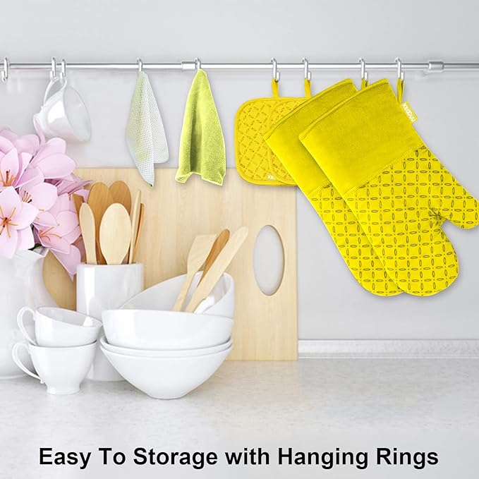 KEGOUU Oven Mitts and Pot Holders 6pcs Set, Kitchen Oven Glove High Heat Resistant 500 Degree Extra Long Oven Mitts and Potholder with Non-Slip Silicone Surface for Cooking (Yellow) - Image 4