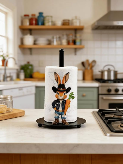 Cute Western Bunny Paper Towel Holder Countertop, Rustic Farmhouse Kitchen Decor, Funny Rabbit Paper Roll Holder, Freestanding Paper Towel Stand, Animal Decor for Kitchen and Bathroom(1 Pack)