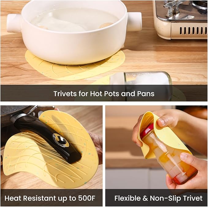 4 Pieces Oven Mitts and Pot Holders of Macaron Color Thickened Non-Slip Silicone Kitchen Gloves, Heat Resistant up to 500F, Essential for Kitchen Baking(makal-Huang) - Image 3