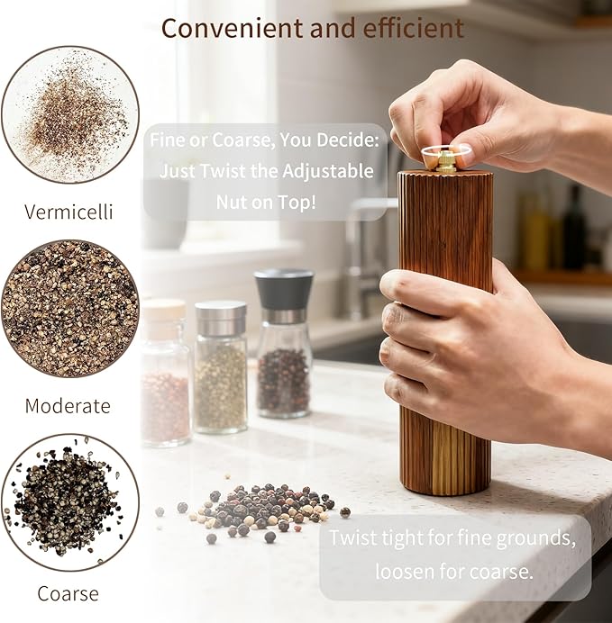 8 Inch Wooden Salt and Pepper Grinder Set, Adjustable Coarseness, Acacia Wood Pepper Mill Manual, Salt and Pepper Shakers Matching Wooden Tray, Multi Purpose Grinder - Image 4