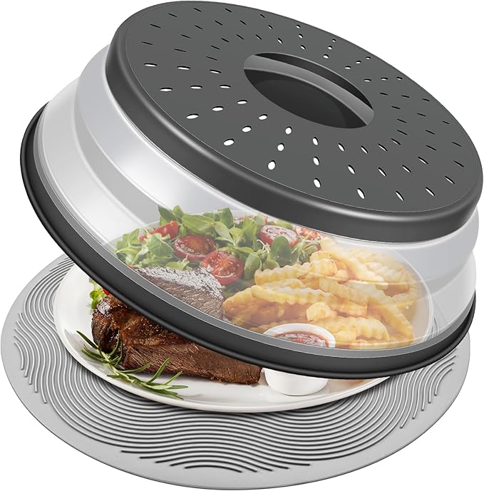 LekDrok 10 Inch Microwave Food Cover & Collapsible Silicone Mat - Splatter Guard, Plate Holder & Kitchen Colander for Meal Prep, Charcoal by LekDrok
