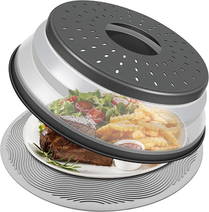 LekDrok 10 Inch Microwave Food Cover & Collapsible Silicone Mat - Splatter Guard, Plate Holder & Kitchen Colander for Meal Prep, Charcoal by LekDrok