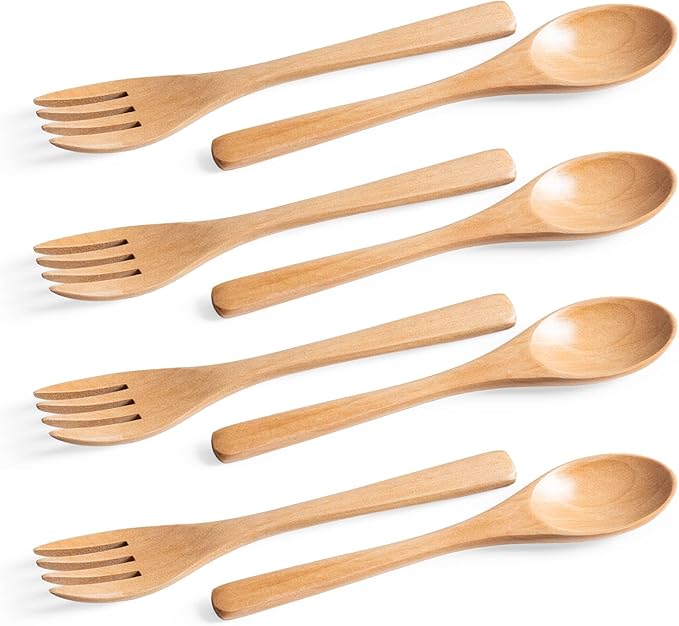 8pcs 6.3inch Schima Wooden Utensil Set Including Spoons and Forks, Reusable Handmade Natural Wooden Cutlery, Sustainable Responsible Wood Flatware Set for Stirring Eating＆Camping