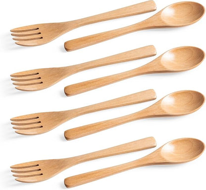 8pcs 6.3inch Schima Wooden Utensil Set Including Spoons and Forks, Reusable Handmade Natural Wooden Cutlery, Sustainable Responsible Wood Flatware Set for Stirring Eating＆Camping