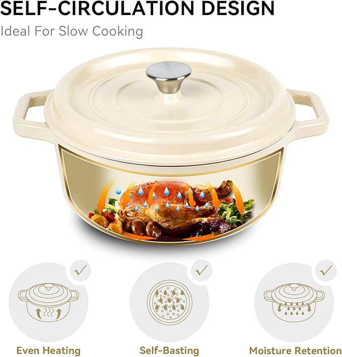 Miereirl 6.5 Quart Enameled Dutch Oven Pot with Lid, Cast Iron Dutch Oven with Dual Handles for Bread Baking, Cooking, Non-stick Enamel Coated Cookware (Beige) - Image 4