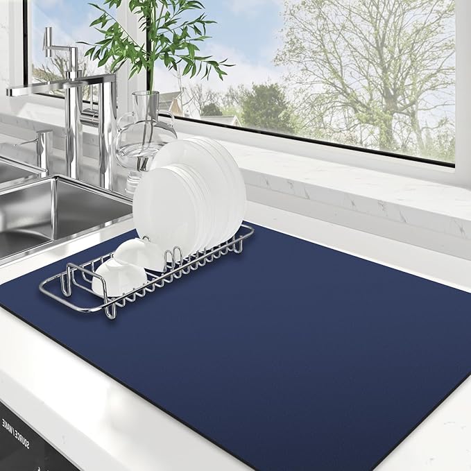 WISELIFE Dish Drying Mat Super Absorbent Drying Mat Large Dish Drying Mats for Kitchen Counter Easy Clean Dish Mat Kitchen Drying Mat16"x 24" Classic Blue by WiseLife
