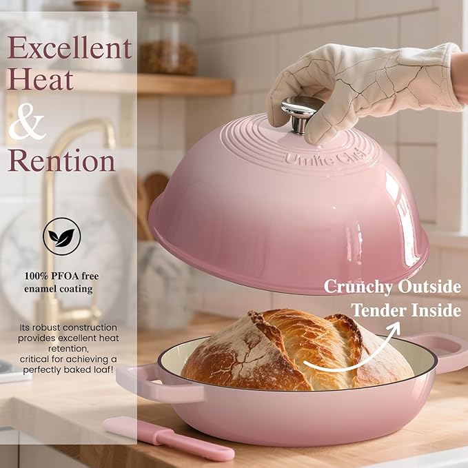 Cast Iron Dutch Oven Pot with Lid, Round Bread Oven for Sourdough Bread Baking, Umite Chef Enameled Cast Iron Bread Oven with Dome Lid & Cotton Potholders for Sourdough, Pink, 6 Quarts - Image 4