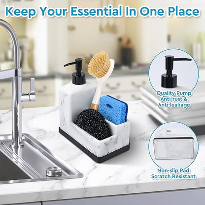 Dish Soap Dispenser with Sponge Holder,White Marble Look Liquid Hand and Dish Soap Dispenser and Spong Caddy with Brush Holder 3 in 1 Countertop Organizer for Kitchen Sink and Bathroom,White