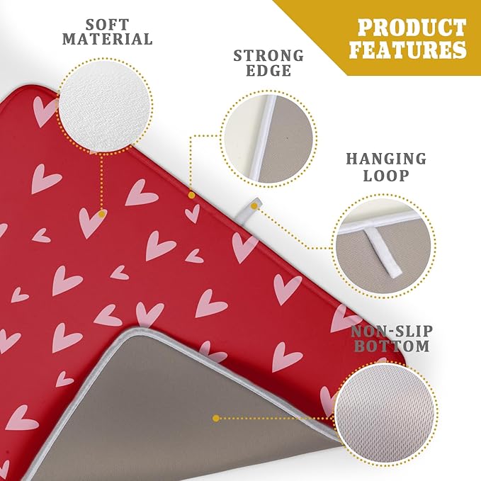 Valentines Dish Drying Mat for Kitchen Counter 18x24 Inch Valentine's Day Red Pink Love Heart Print Absorbent Reversible Microfiber Drying Mats Kitchen Countertop Protector Dishes Drainer Rack Pad - Image 4