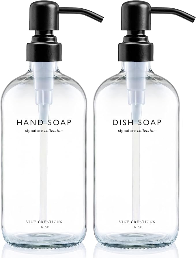 Vine Creations Clear Glass Soap Dispenser Set, Dish Soap and Hand Soap Dispenser Set with Stainless Steel Pump, 16 oz Glass Dispensers for Kitchen Bathroom Decor (Clear Bottle/Matte Black Pump) by VineCreations