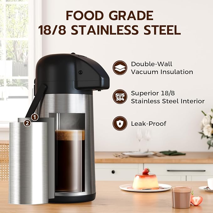 Coffee Carafe for Keeping Hot - Gezoss 64OZ / 1.9L Airpot Coffee Dispenser with Pump - Large Coffee Carafe for Hot Drinks Tea Liquid - Insulated Stainless Steel Hot Water Beverage Urn for Parties - Image 2