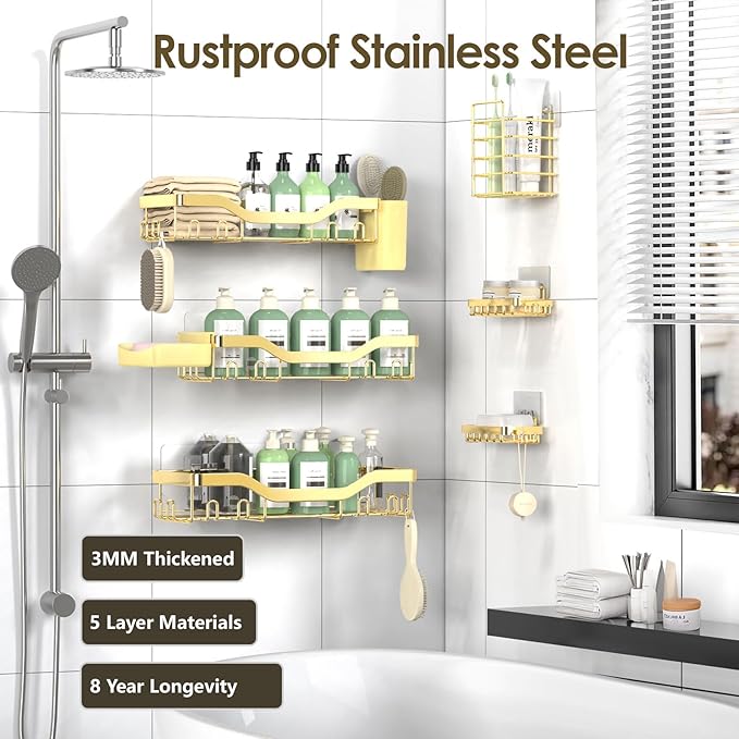 NESOMI Shower Caddy Adhesive Shower Organizer 8-Pack, Rustproof Stainless Steel Bathroom Shelves, Large Capacity No-Drill Rack Storage Accessories with Soap Dish Toothbrush Holder Hooks - Image 5