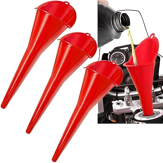3-Pack Long-Neck Oil Funnels, 11" Multi-Purpose Funnels for Automotive & Motorcycle Use – Reusable Funnel for Oil, Gas & Transmission Fluid (Red)